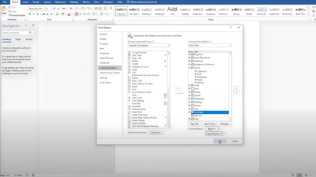 enable the developer tab